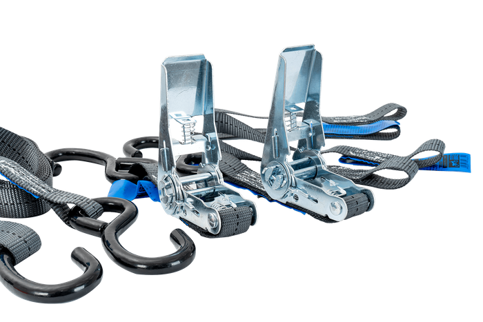 Sada dvou přepravních pásů HILLS 3m/25mm/1t s napínačem a dvou postrojů o délce 0,45m pro zajištění motocyklu