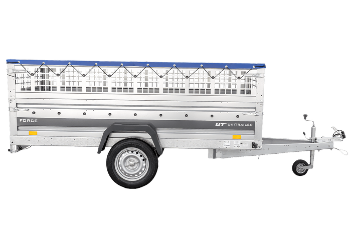Jednonápravový přívěs 264x125 UNITRAILER FORCE 264 KIPP s pletivovými bočnicemi, rámem H-0 a modrým krytem