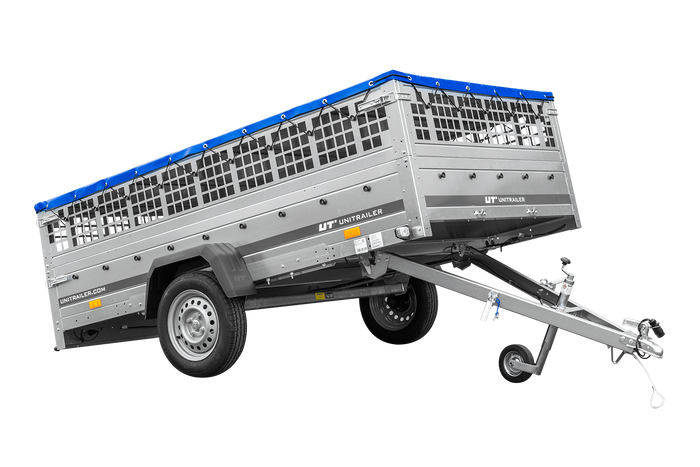 Lehký přívěs 264x150 UNITRAILER GARDEN 265 KIPP se síťovými bočnicemi, rámem H-0 a modrým krytem