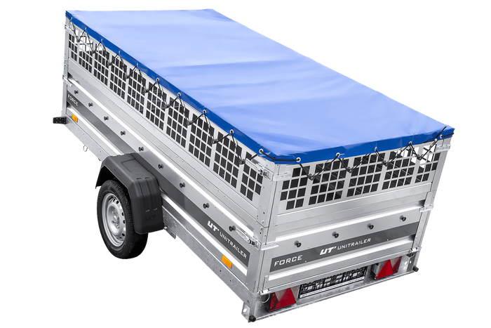 Jednonápravový přívěs na pružinách 264x125 UNITRAILER FORCE 264/R KIPP s pletivovými bočnicemi, rámem H-0 a modrou plachtou