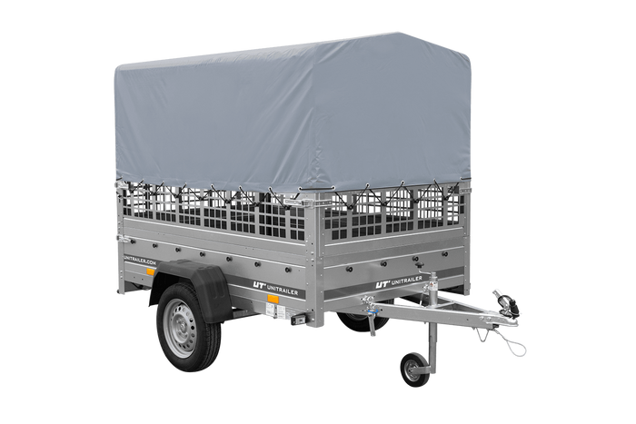 Jednonápravový přívěs 200x125 UNITRAILER GARDEN 201 KIPP s pletivovými bočnicemi, rámem H-800 a šedým krytem