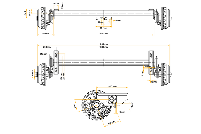 Brzděná náprava KNOTT VGB18MV pro přívěs/nosič 1800 kg 1300 mm 1800 mm 5x112