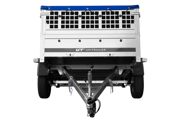 Přívěs za auto na pružinách 200x125 UNITRAILER GARDEN 201/R KIPP s pletivovými bočnicemi, rámem H-0 a modrým krytem