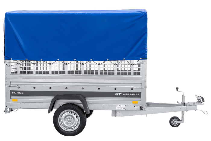 Jednonápravový přívěs 230x125 UNITRAILER FORCE 230 KIPP s pletivovými bočnicemi, rámem H-0 a modrým krytem