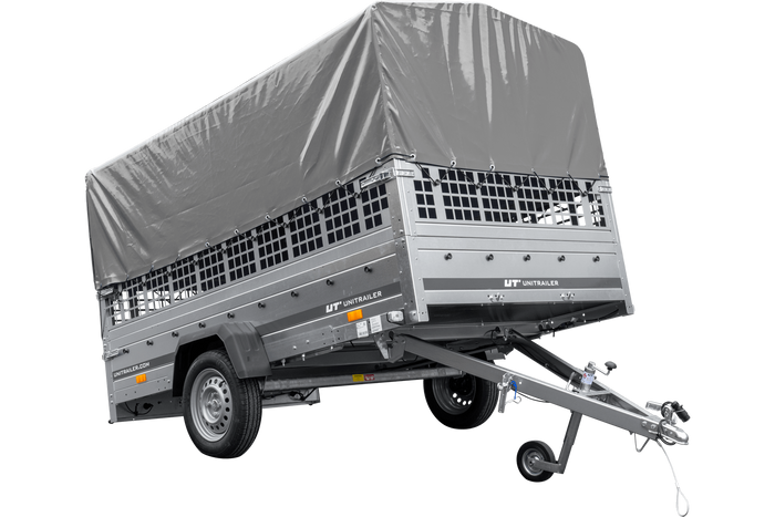 Přívěs za auto 264x150 UNITRAILER GARDEN 265 KIPP se síťovanými bočnicemi, rámem H-800 a šedým potahem