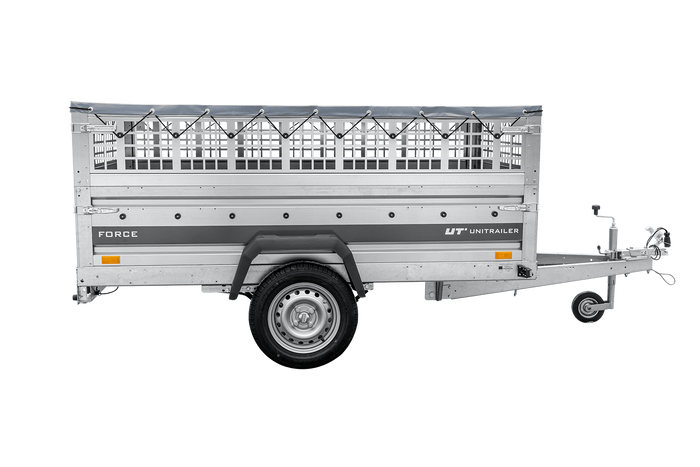 Lehký přívěs na pružinách 230x125 UNITRAILER FORCE 230/R KIPP s pletivovými bočnicemi, rámem H-0 a šedým krytem