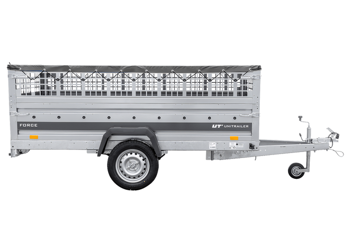 Jednonápravový přívěs na pružinách 264x125 UNITRAILER FORCE 264/R KIPP s pletivovými bočnicemi, rámem H-0 a šedou plachtou