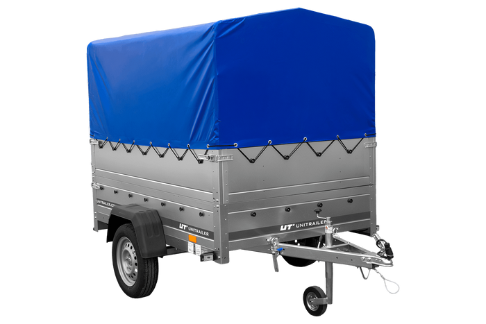 Jednonápravový přívěs 200x125 UNITRAILER GARDEN 201 KIPP s bočnicemi BIS, rámem H-800 a modrým krytem