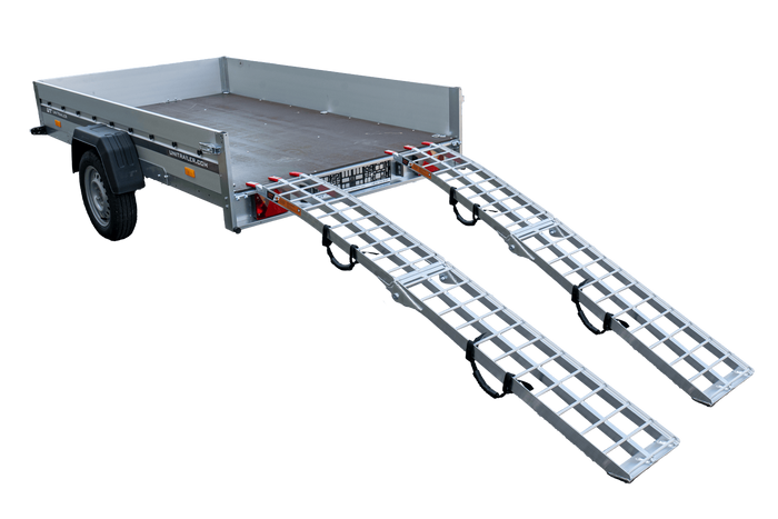 Skládací hliníkové rampy UNITRAILER ALR002 pro přívěsy 221 cm 680 kg s popruhem, sada 2 ks