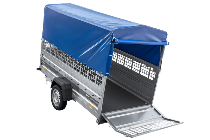 Přívěs za auto na pružinách 264x125 UNITRAILER FORCE 264/R KIPP s pletivovými bočnicemi, rámem H-800 a modrým krytem