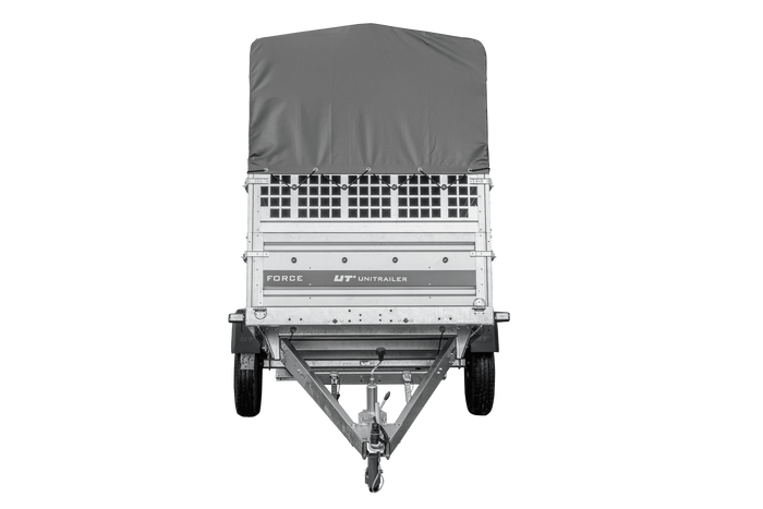 Přívěs pro auto 264x125 UNITRAILER FORCE 264 KIPP s pletivovými bočnicemi, rámem H-800 a šedým krytem