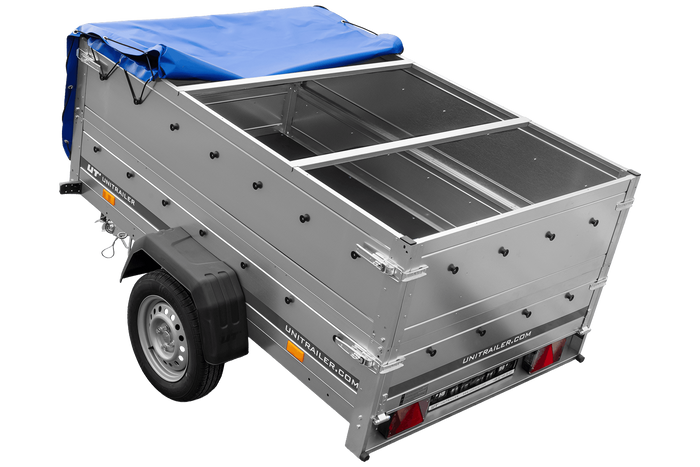 Přívěs za auto 200x125 UNITRAILER GARDEN 201 KIPP s bočnicemi BIS a modrou plachtou