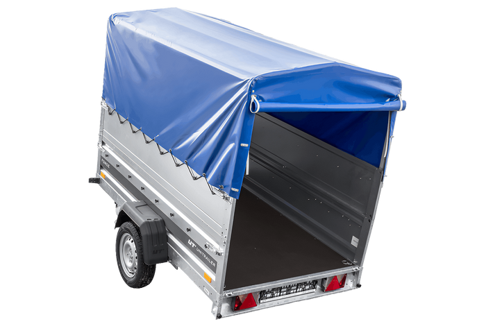Jednonápravový přívěs na pružinách 230x125 UNITRAILER FORCE 230/R KIPP s bočnicemi BIS, rámem H-800 a modrým krytem