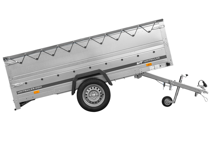 Jednonápravový přívěs na pružinách 264x125 UNITRAILER GARDEN 264/R KIPP s bočnicemi BIS, rámem H-0 a šedou plachtou