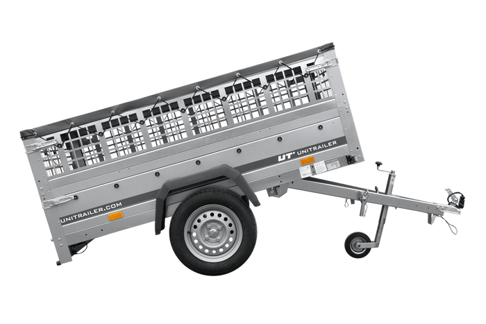 Jednonápravový přívěs 200x125 UNITRAILER GARDEN 201 KIPP s pletivovými bočnicemi a šedou plachtou