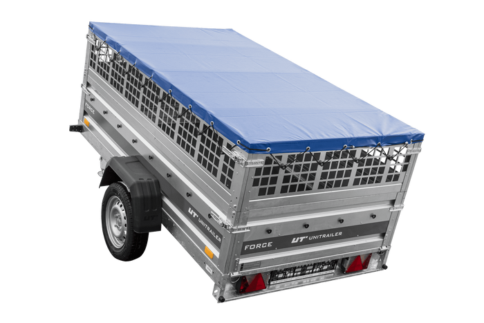 Jednonápravový přívěs 230x125 UNITRAILER FORCE 230 KIPP s pletivovými bočnicemi, rámem H-0 a modrým krytem