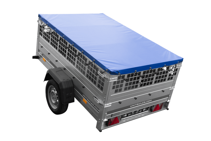 Jednonápravový přívěs 200x125 UNITRAILER GARDEN 201 KIPP s pletivovými bočnicemi a modrým krytem