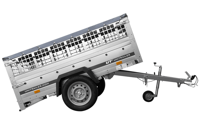 Přívěs za auto na pružinách 200x125 UNITRAILER GARDEN 201/R KIPP s pletivovými bočnicemi, rámem H-0 a šedým krytem