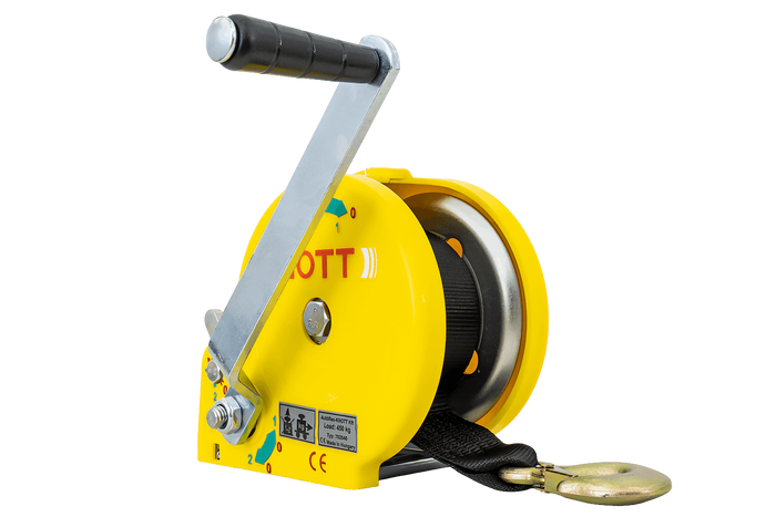 Ruční naviják 450 KG s páskem KNOTT, žluté pouzdro