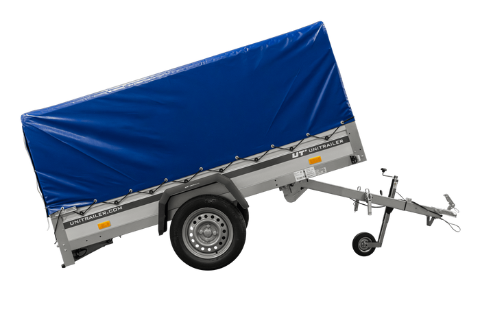 Jednonápravový přívěs s hliníkovými bočnicemi 230x125 Unitrailer Garden 230 KIPP ALU s rámem H-800 a modrým krytem