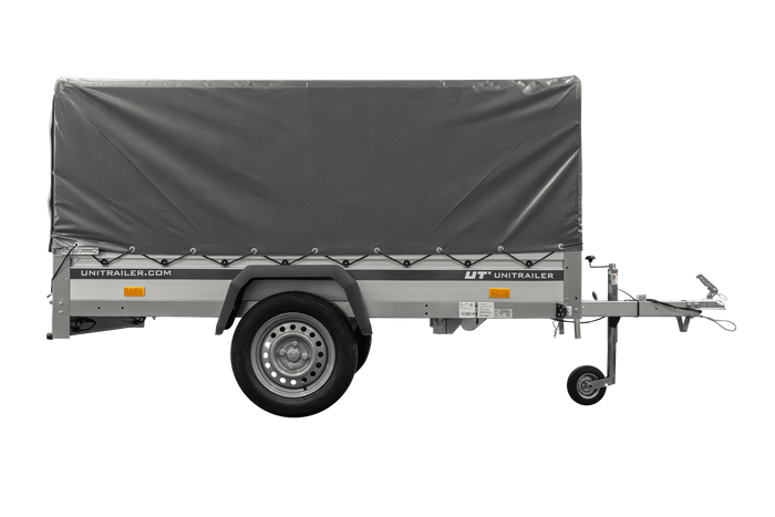 Jednonápravový přívěs s hliníkovými bočnicemi 230x125 Unitrailer Garden 230 KIPP ALU s rámem H-800 a šedým krytem