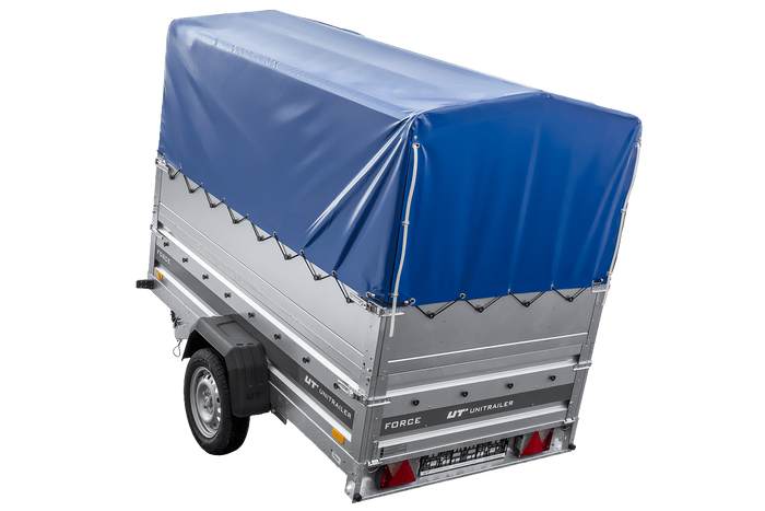 Jednonápravový přívěs na pružinách 230x125 UNITRAILER FORCE 230/R KIPP s bočnicemi BIS, rámem H-800 a modrým krytem