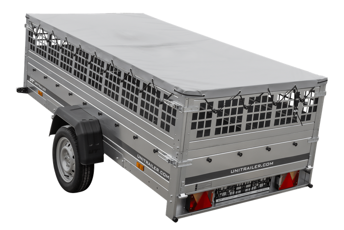 Jednonápravový přívěs 264x125 UNITRAILER GARDEN 264 KIPP s pletivovými bočnicemi a šedou plachtou