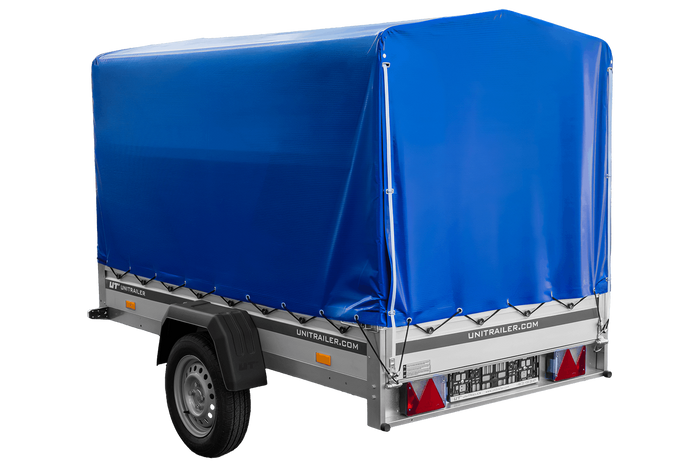 Přívěs za auto s hliníkovými bočnicemi 230x125 Unitrailer Garden 230 KIPP ALU s rámem H1100 a modrým krytem