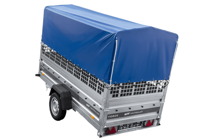 Přívěs za auto na pružinách 264x125 UNITRAILER FORCE 264/R KIPP s pletivovými bočnicemi, rámem H-800 a modrým krytem
