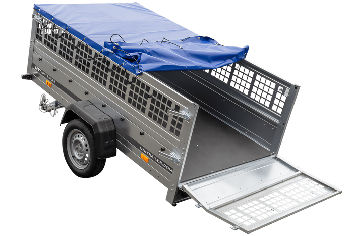 Přívěs za auto 230x125 UNITRAILER GARDEN 230 KIPP s bočnicemi ze síťoviny a modrou plachtou