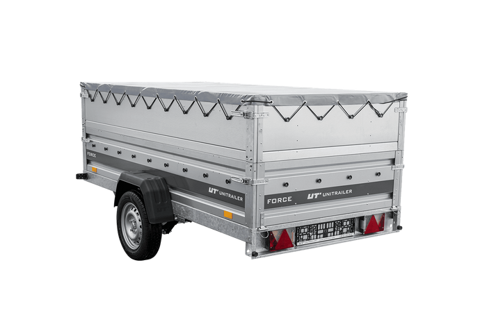 Jednonápravový přívěs na pružinách 264x125 UNITRAILER FORCE 264/R KIPP s bočnicemi BIS, rámem H-0 a šedou plachtou