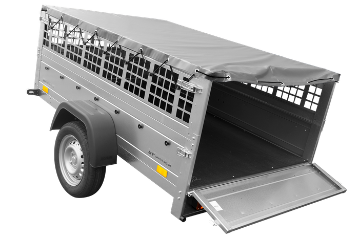 Jednonápravový přívěs 200x125 UNITRAILER GARDEN 201 KIPP s pletivovými bočnicemi a šedou plachtou