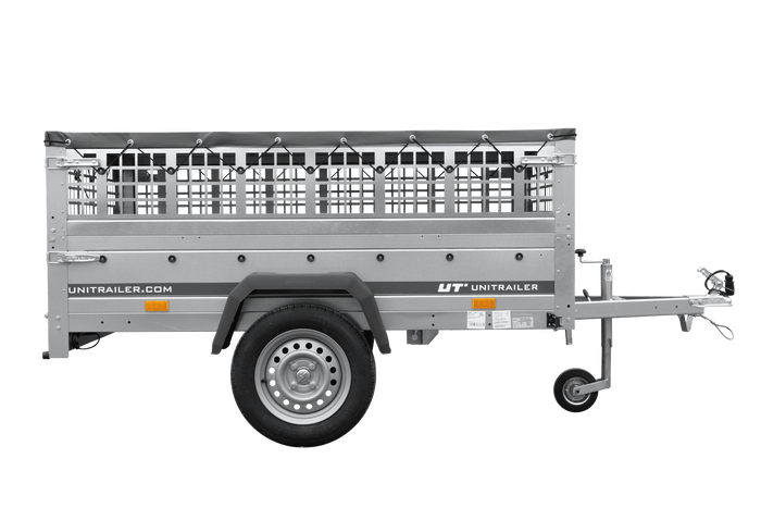 Přívěs za auto 200x125 UNITRAILER GARDEN 201 KIPP s pletivovými bočnicemi, rámem H-0 a šedým krytem