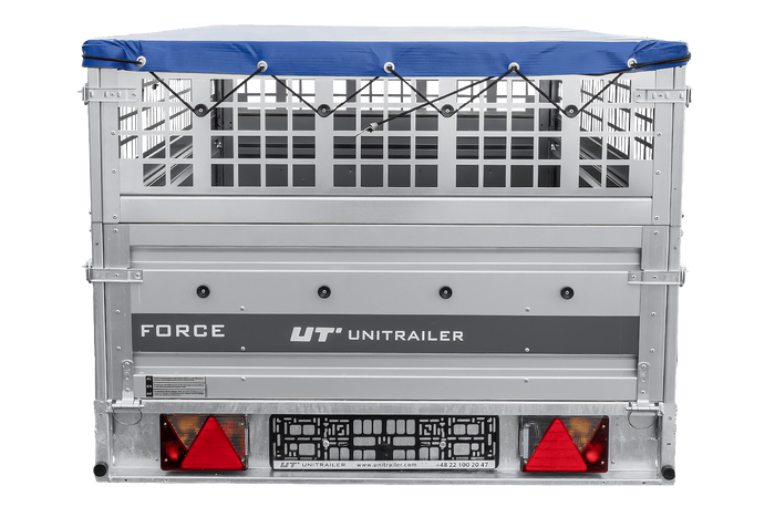 Jednonápravový přívěs 264x125 UNITRAILER FORCE 264 KIPP s pletivovými bočnicemi, rámem H-0 a modrým krytem