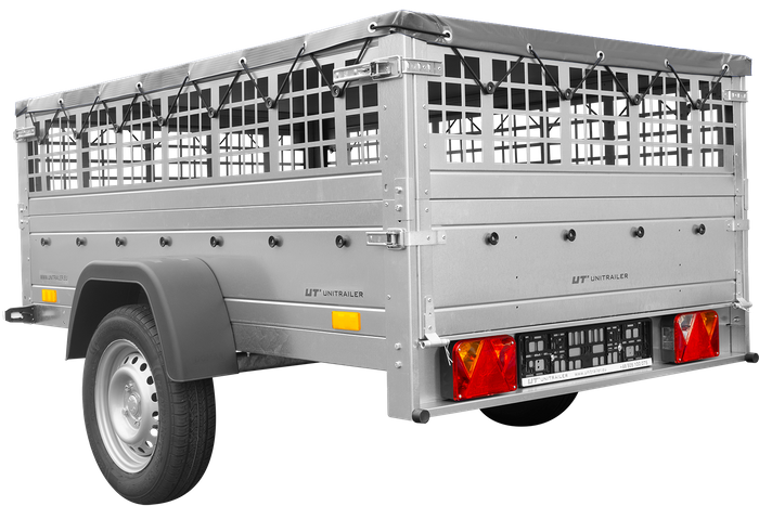 Přívěs za auto 200x125 UNITRAILER GARDEN 201 KIPP s pletivovými bočnicemi, rámem H-0 a šedým krytem