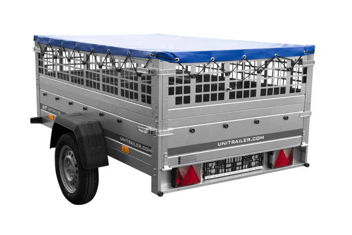 Jednonápravový přívěs 200x125 UNITRAILER GARDEN 201 KIPP s pletivovými bočnicemi a modrým krytem