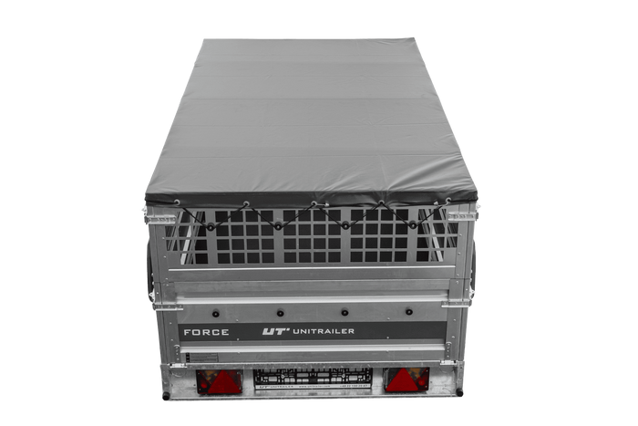 Jednonápravový přívěs 230x125 UNITRAILER FORCE 230 KIPP s pletivovými bočnicemi, rámem H-0 a šedým krytem