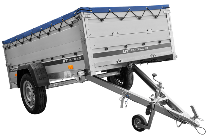 Jednonápravový přívěs s hliníkovými bočnicemi 230x125 Unitrailer Garden 230 KIPP ALU s bočnicemi BIS, rámem H-0 a modrým krytem