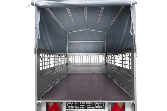 Jednonápravový přívěs 200x125 UNITRAILER GARDEN 201 KIPP s pletivovými bočnicemi, rámem H-800 a šedým krytem