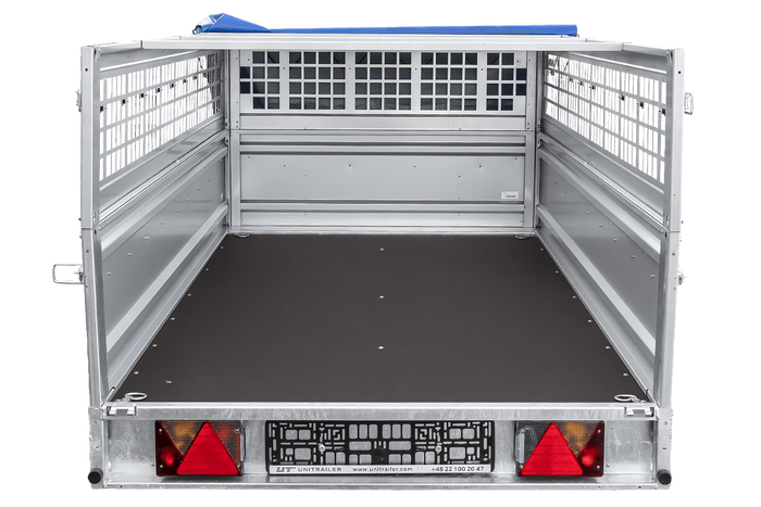 Jednonápravový přívěs 264x125 UNITRAILER FORCE 264 KIPP s pletivovými bočnicemi, rámem H-0 a modrým krytem