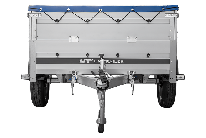 Přívěs za auto s hliníkovými bočnicemi 200x125 Unitrailer Garden 201 KIPP ALU s bočnicemi BIS, rámem H-0 a modrým krytem