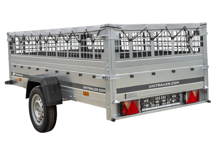 Jednonápravový přívěs na pružinách 264x125 UNITRAILER GARDEN 264/R KIPP s pletivovými bočnicemi, rámem H-0 a šedou plachtou