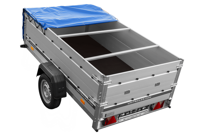 Jednonápravový přívěs s hliníkovými bočnicemi 230x125 Unitrailer Garden 230 KIPP ALU s bočnicemi BIS, rámem H-0 a modrým krytem