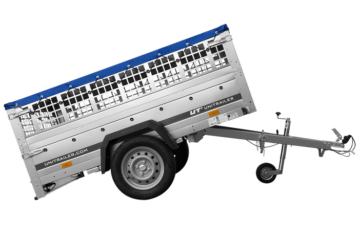 Přívěs za auto na pružinách 200x125 UNITRAILER GARDEN 201/R KIPP s pletivovými bočnicemi, rámem H-0 a modrým krytem