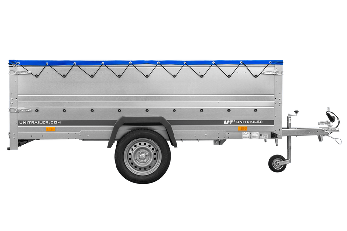 Jednonápravový přívěs na pružinách 264x125 UNITRAILER GARDEN 264/R KIPP s bočnicemi BIS, rámem H-0 a modrou plachtou