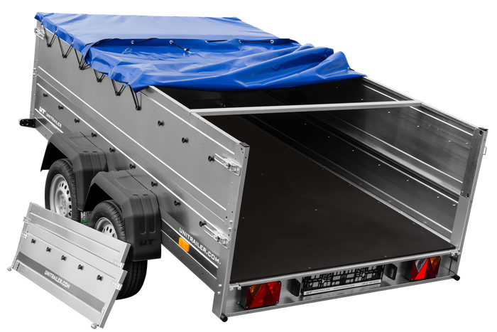 Dvounápravový přívěs 264x150 UNITRAILER GARDEN 265/2 KIPP s bočnicemi BIS, rámem H-0 a modrým krytem