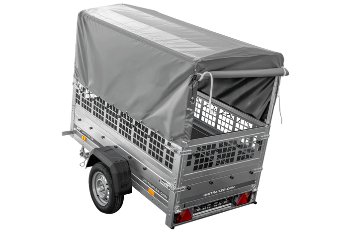 Přívěs Garden Trailer 200 KIPP s síťovanými bočnicemi, rámem H-800 a šedou plachtou