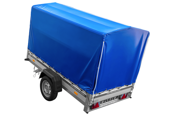 Přívěs za auto s hliníkovými bočnicemi 230x125 Unitrailer Garden 230 KIPP ALU s rámem H1100 a modrým krytem