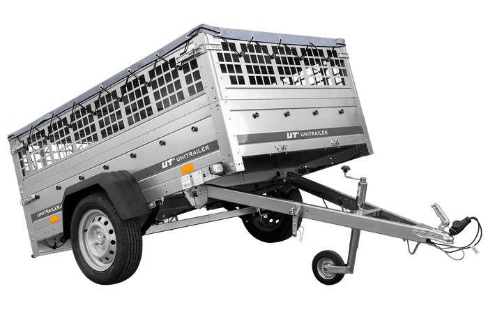 Přívěs za auto na pružinách 200x125 UNITRAILER GARDEN 201/R KIPP s pletivovými bočnicemi, rámem H-0 a šedým krytem