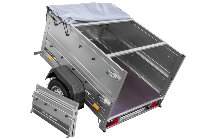 Přívěs za auto 150x106 UNITRAILER GARDEN 150 KIPP s bočnicemi BIS, rámem H-0 a šedou plachtou